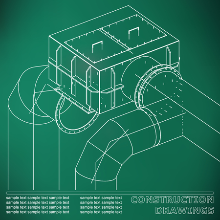 Drawings of steel structures. Pipes and pipe. 3d blueprint of steel structures. Light green backgroundのイラスト素材