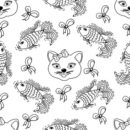 Kids, Cartoon seamless pattern. Lovely pictures. Skarpbuking. Cat, kitty, fish, goldfish, bowsのイラスト素材