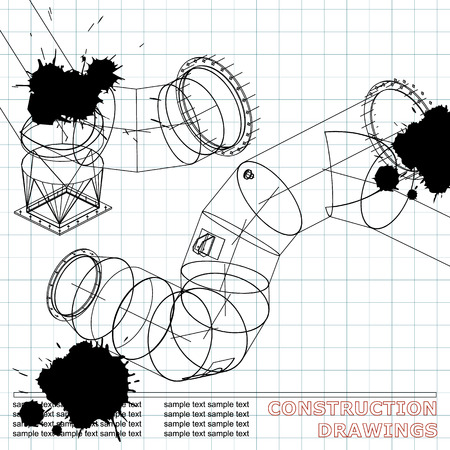 Drawings of steel structures. Pipes and pipe. 3d blueprint of steel structures. Background for your design. Draft. Black Ink. Blotsのイラスト素材