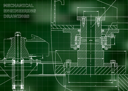 Mechanical engineering. Technical illustration. Backgrounds of engineering subjects. Technical design. Instrument making. Cover. Green background. Gridのイラスト素材