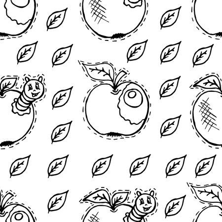 Seamless pattern in cartoon style. Apples, apple with caterpillar, green leavesのイラスト素材
