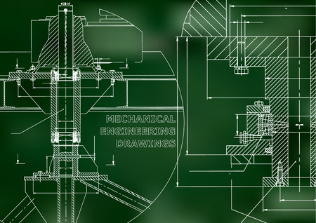 Mechanical engineering. Technical illustration. Backgrounds of engineering subjects. Technical design. Instrument making. Cover, banner. Green backgroundのイラスト素材