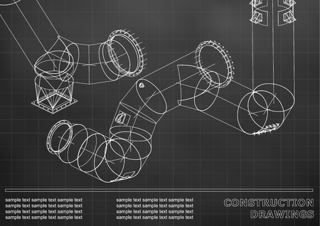 Drawings of steel structures. Pipes and pipe. 3d blueprint of steel structures. Cover, background for your design. Black background. Gridのイラスト素材