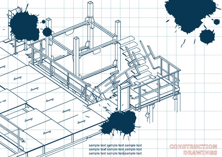 Building. Metal constructions. Volumetric constructions. 3D design. Abstract backgrounds. Cover. Draft. Ink. Blotsのイラスト素材