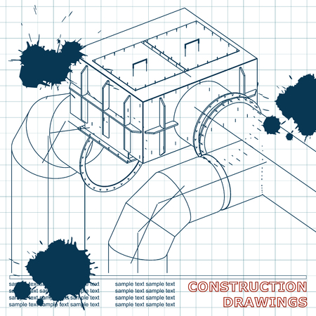 Drawings of steel structures. Pipes and pipe. 3d blueprint of steel structures. Draft. Ink. Blotsのイラスト素材