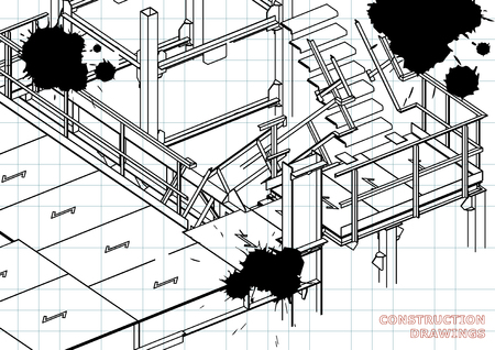 Building. Metal constructions. Volumetric constructions. 3D design. Abstract backgrounds. Draft. Black Ink. Blotsのイラスト素材