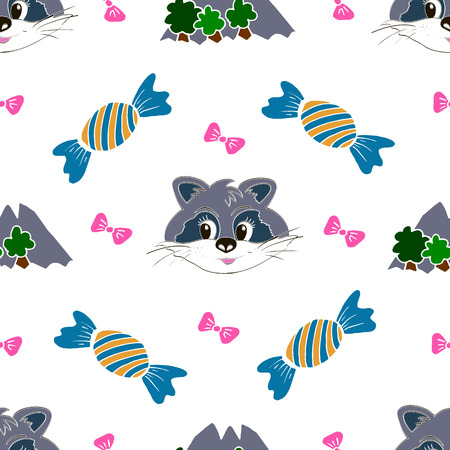 Kids, Cartoon seamless pattern. Original color drawings. Skarpbuking. Textiles, cartoon background. Mountains, trees, bows, candy, raccoonのイラスト素材
