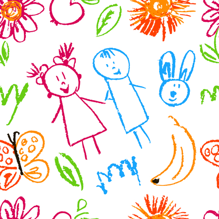 Seamless pattern. Draw pictures, doodle. Beautiful and bright design. Interesting images for backgrounds, textiles, tapestries. Flowers butterflies childrenのイラスト素材