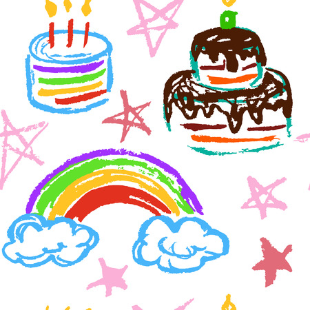 Seamless pattern. Draw pictures, doodle. Interesting images for backgrounds, textiles, tapestries. Rainbow, stars, cake. Birthdayのイラスト素材