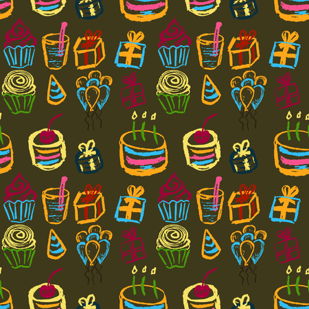 Cute stylish seamless pattern. Draw pictures, doodle. Beautiful and bright design. Interesting images for backgrounds, textiles, tapestries. Cake, gifts ballsのイラスト素材