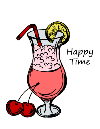 Card, flyer, banner. Cocktail, party, relax. Happy time. Cocktail with cherryのイラスト素材