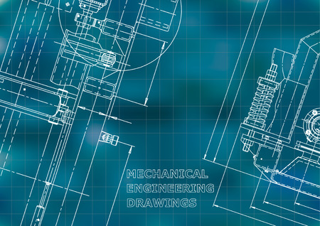 Blueprint, Sketch. Vector engineering illustration. Cover, flyer, banner, background. Instrument-making drawings. Mechanical engineering drawing. Technical illustration. Blue background. Gridのイラスト素材