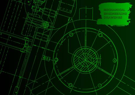 Cover, flyer, banner. Vector engineering illustration. Blueprint, background. Instrument-making drawings. Green neon. Scheme, Outline, Planのイラスト素材