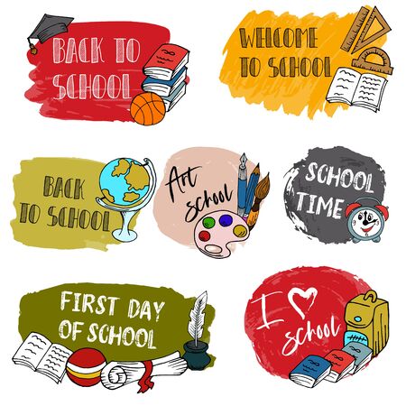 Set of back to school labels, pins. Typography emblem. School Background. Sale tag. Vector. Hand drawnのイラスト素材