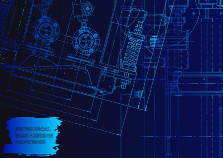 Machine-building industry. Mechanical engineering drawing. Blue neon. Technical illustrations, backgroundsのイラスト素材