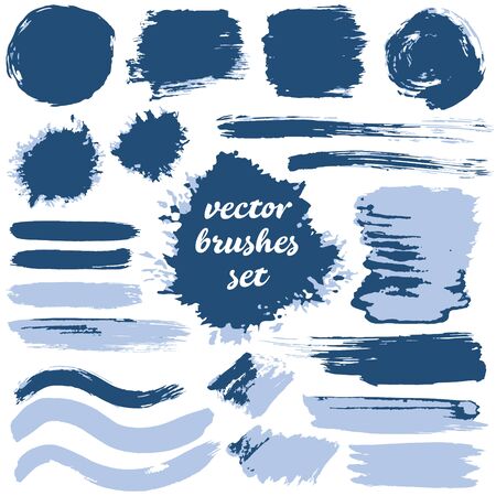 Vector illustration isolated on white background. Collection of dirty elements for your design. Large set of two-color strokes, brushes, dots, inks and lines. Blue shadesのイラスト素材