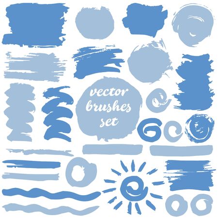 Large set of two-color strokes, brushes, dots, inks and lines. Vector illustration isolated on white background. Collection of dirty elements for your design. Blue shadesのイラスト素材