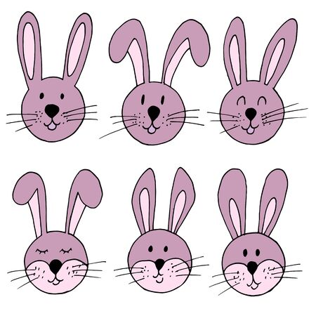 Easter illustration. Happy Easter. Set of cute drawings, Easter bunny. A collection of images of hares. Pastel pink colorのイラスト素材