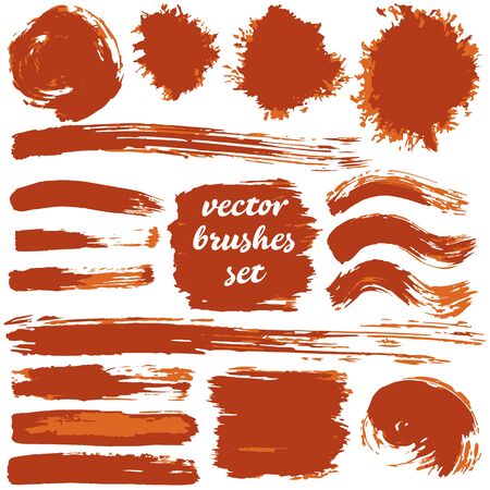 Collection of dirty elements. Large set of two-color strokes, brushes, dots, inks, strokes and lines. Vector illustration isolated on white background. Brown shadesのイラスト素材