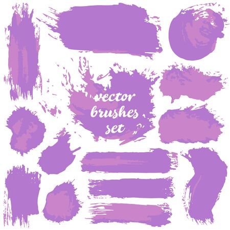 Large set of two-color strokes, brushes, dots, inks, strokes and lines. Vector illustration isolated on white background. Collection of dirty elements. Violet shadesのイラスト素材
