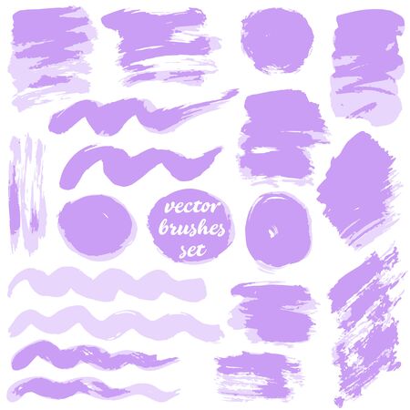 Set of freehand drawing. Collection of purple bicolor paint, ink brush strokes, brushes, blots, lines, grungy. Dirty artistic design elements, boxes, framesのイラスト素材