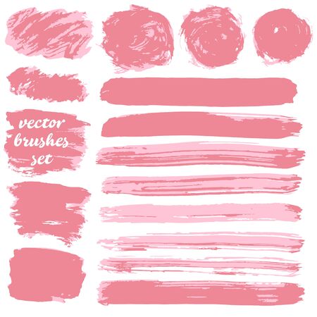 Set of freehand drawing. Collection of pink bicolor paint, ink brush strokes, brushes, blots, lines, grungy. Dirty artistic design elementsのイラスト素材
