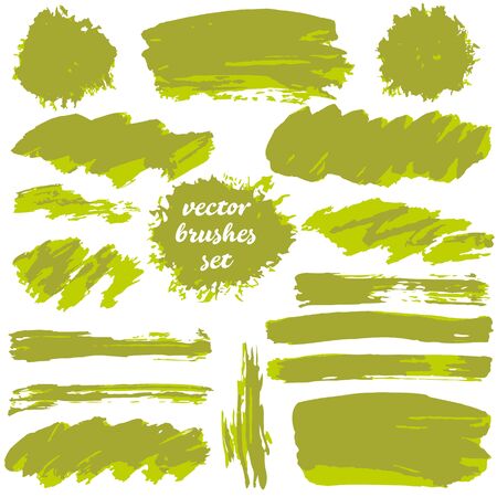 Collection of green bicolor paint, ink brush strokes, brushes, blots, lines, grungy. Dirty artistic design elements, boxes, framesのイラスト素材