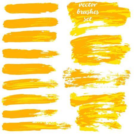 Collection of yellow bicolor paint, ink brush strokes, brushes, lines, grungy. Dirty artistic design elements, boxes, frames. Vector illustration Isolatedのイラスト素材