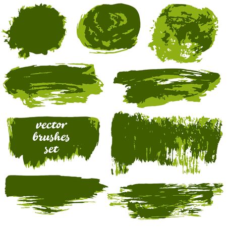 Collection of green bicolor paint, ink brush strokes, brushes, blots, lines, grungy. Dirty design elementsのイラスト素材