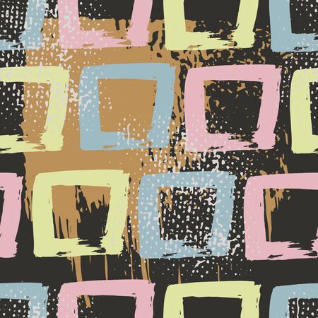 Abstract creative seamless pattern with blots, dots, brush strokes and artistic background. Modern abstract design for paper, covers, fabrics, home decoration. Texture multicolored squaresのイラスト素材