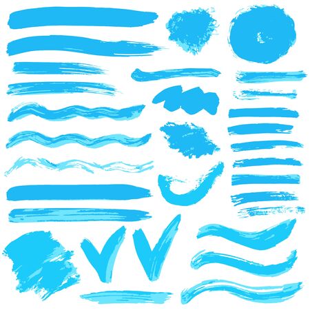 Collection of blue paint, ink, brush strokes, brushes, lines, grungy. Waves, circles. Freehand drawing Dirty elements of decoration boxesのイラスト素材