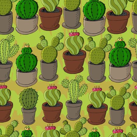 Seamless pattern of different cacti. Cute vector background of flowerpots. Tropical wallpaper in green colors. Trendyのイラスト素材