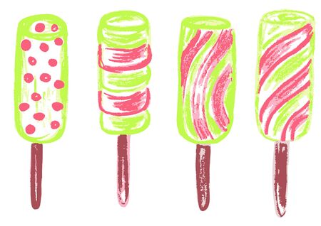 Cute childish drawing with wax crayons on a white background. Pastel chalk or pencil funny doodle style vector. Set of summer cold sweets. Ice cream, popsicleのイラスト素材