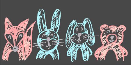 Cute childish drawing with colored chalk on a gray background. Pastel chalk or pencil funny doodle style vector. Set of beautiful animals. Squirrel, hare, rabbit, bearのイラスト素材