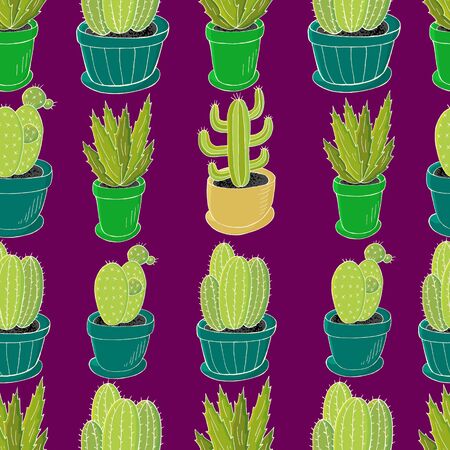 Tropical wallpaper in green colors. Trendy image is ideal for fabrics, backgrounds, design creativity. Seamless pattern of different cacti. Cute vector background of flowerpotsのイラスト素材