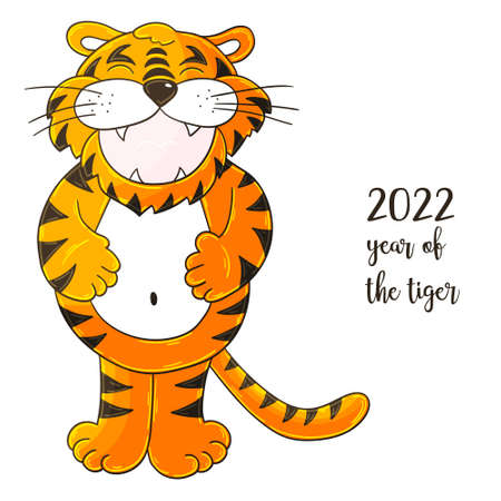 Year 2022 symbol for calendar decoration. November 2022. New Year of the Tiger according to the Chinese or Eastern calendar. Cute vector illustration in hand draw styleのイラスト素材