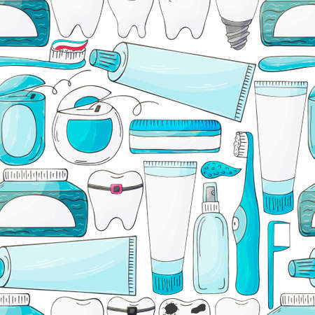 Vector Seamless pattern on a white background. Cartoon medical drugs in hand draw style. Background for packaging, advertising of tabletsのイラスト素材