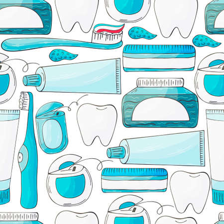 Vector Seamless pattern on a white background. Cartoon medical drugs in hand draw style. Background for packaging, advertising of tabletsのイラスト素材