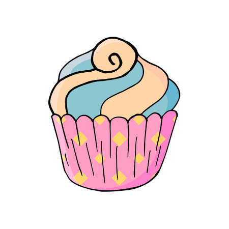Cupcake icon with cherry, muffin in hand draw style. Vector illustration for your design. Sweet...