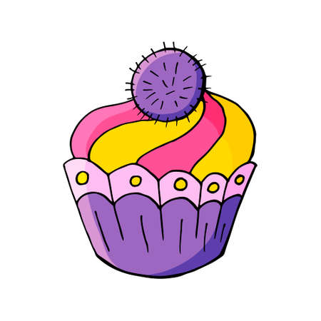 Bright icon of cupcake, muffin in hand draw style. Vector illustration for your design. Sweet pastries, cute muffin. Signのイラスト素材