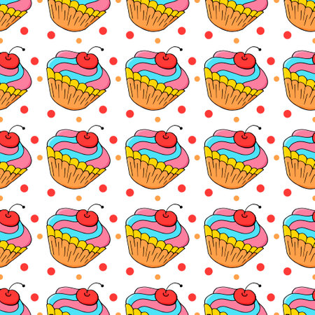 Seamless pattern with sweet pastries. Vector illustration. Lovely spring muffins, cupcakes. Polka dot background. It can be used for packagingのイラスト素材