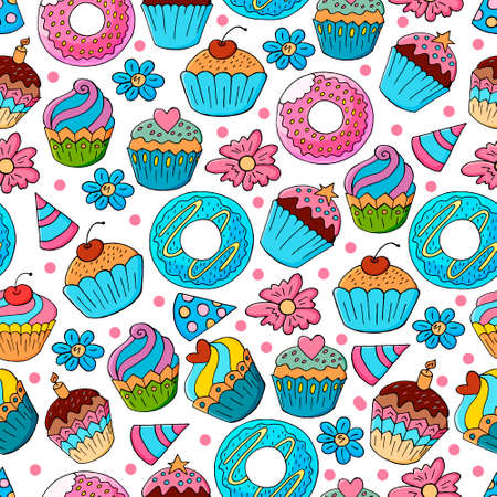 Seamless pattern with sweet pastries. Vector illustration. Cute muffins, cupcakes. Decorative birthday print. Can be used for packaging, wrapping and etcのイラスト素材