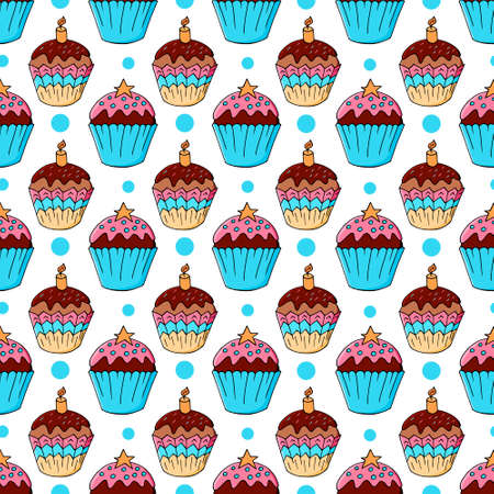 Seamless pattern with sweet pastries. Vector illustration. Cute muffins, cupcakes with a flower. Texture for fabric, wrapping, wallpaperのイラスト素材