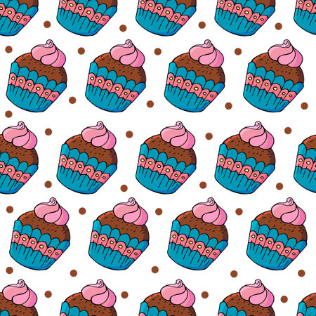 Seamless pattern with sweet pastries. Vector illustration. Cute muffins, cupcakes with a flower. Texture for fabric, wrapping, wallpaperのイラスト素材