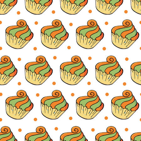 Seamless pattern with sweet pastries. Vector illustration. Cute muffins, cupcakes with a flower. Texture for fabric, wrapping, wallpaperのイラスト素材