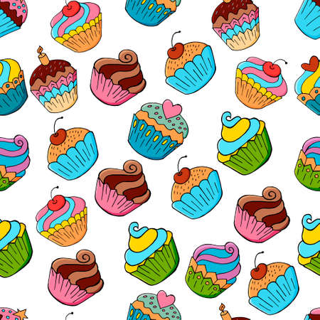 Vector illustration for your design. Bright icon of cupcake, muffin in hand draw style. Sweet pastries, cute muffin. Sign, icon, stickerのイラスト素材
