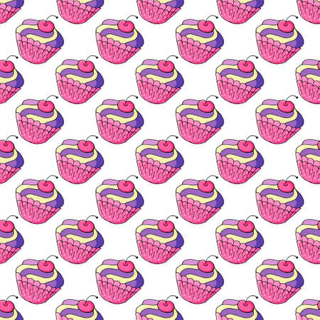 Vector illustration for your design. Bright icon of cupcake, muffin in hand draw style. Sweet pastries, cute muffin. Sign, icon, stickerのイラスト素材