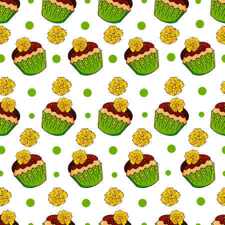 Vector illustration for your design. Bright icon of cupcake, muffin in hand draw style. Sweet pastries, cute muffin. Sign, icon, stickerのイラスト素材