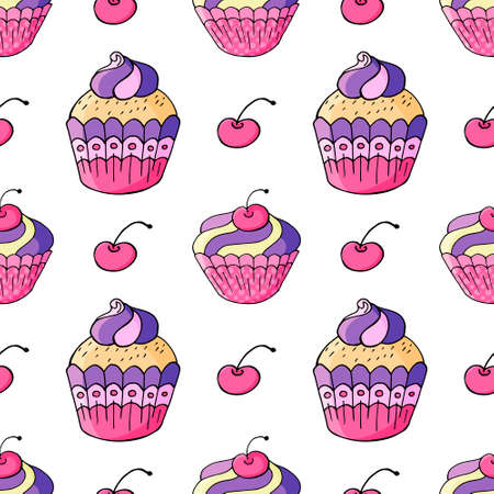 Vector illustration for your design. Bright icon of cupcake, muffin in hand draw style. Sweet pastries, cute muffin. Sign, icon, stickerのイラスト素材