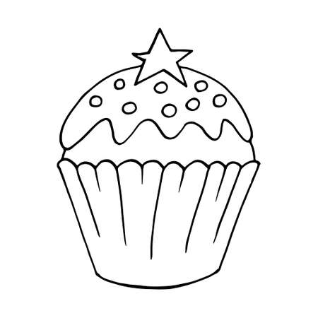 Vector illustration for your design. Bright icon of cupcake, muffin in hand draw style. Sweet pastries, cute muffin. Sign, icon, stickerのイラスト素材